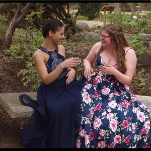 Navy blue long prom dress with beading